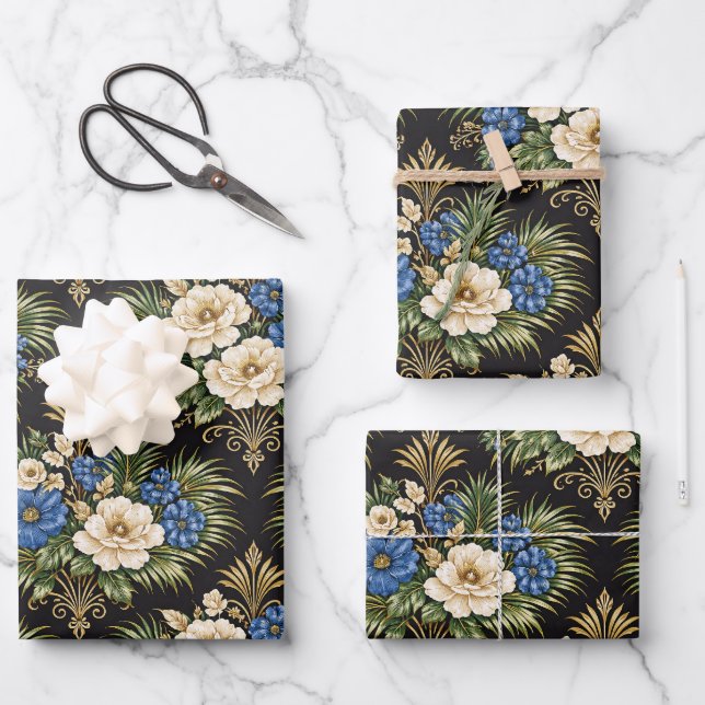 Tropical Blue Palm Floral Wrapping Paper Sheets (Front)