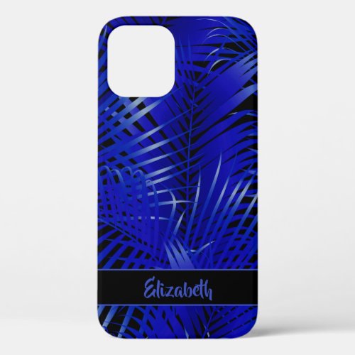Tropical Blue Palm Fronds on Black Personalized iPhone 12 Case
