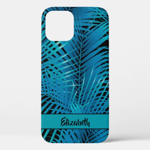 Tropical Blue Palm Fronds on Black Personalized iPhone 12 Case