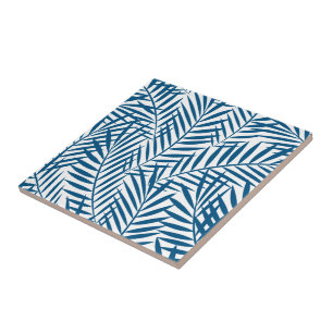 Tropical blue palm leaf ceramic tile
