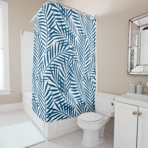 Tropical blue palm leaf shower curtain