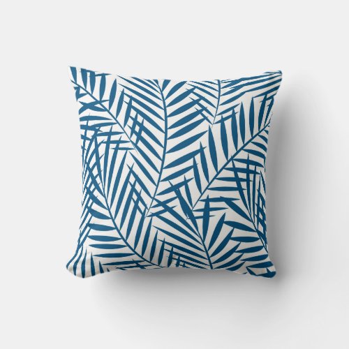 Tropical blue palm leaf throw pillow