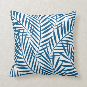 Tropical blue palm leaf throw pillow