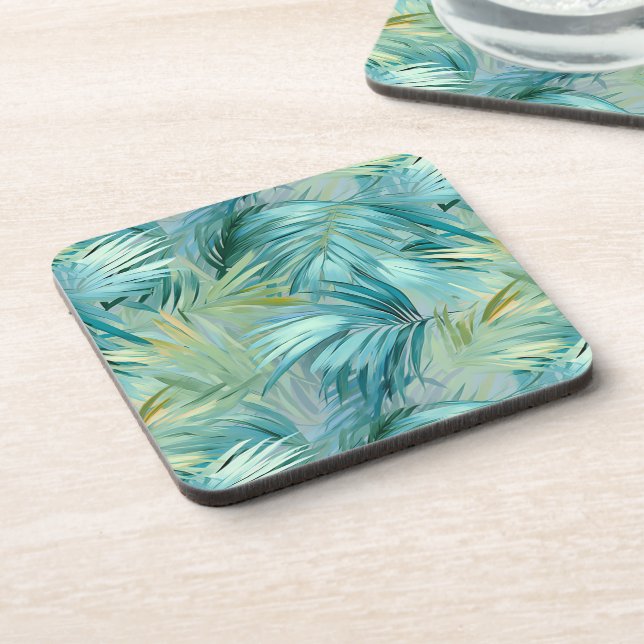 Tropical Blue Palm Leaf Watercolour Patterned Beverage Coaster (Left Side)