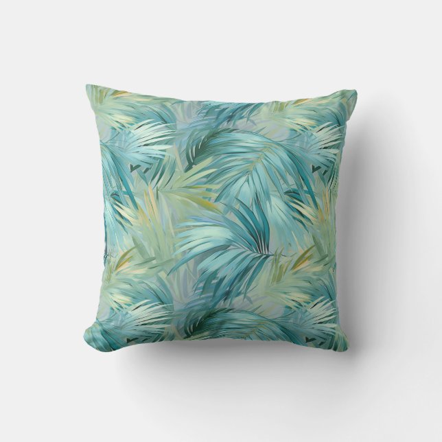 Tropical Blue Palm Leaf Watercolour Patterned Outdoor Pillow (Front)