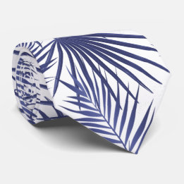 Tropical Blue Palm Leaves Blue and White Neck Tie