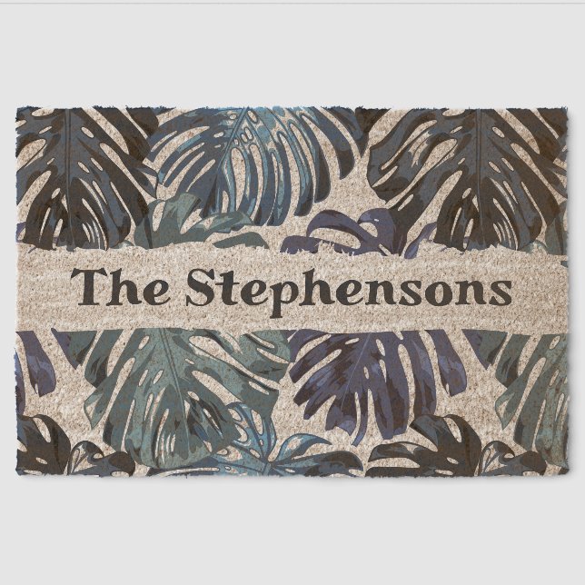 Tropical Blue Palm Leaves Family Name Coir Fiber Doormat (Front)