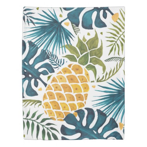 Tropical blue palm leaves foliage gold pineapple duvet cover