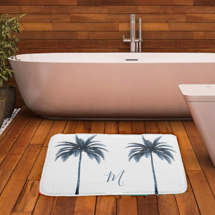 Tropical Blue Palm Tree Vintage Elegant Monogram Bath Mat