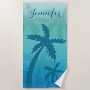 Tropical Blue Palm Trees With Custom Name Beach Towel