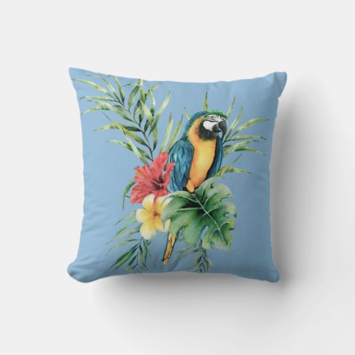 Tropical Blue Parrot Throw Pillow