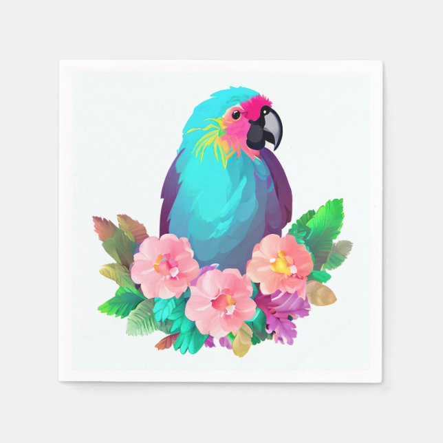 Tropical Blue Parrot with Tropical Flowers Napkins (Front)
