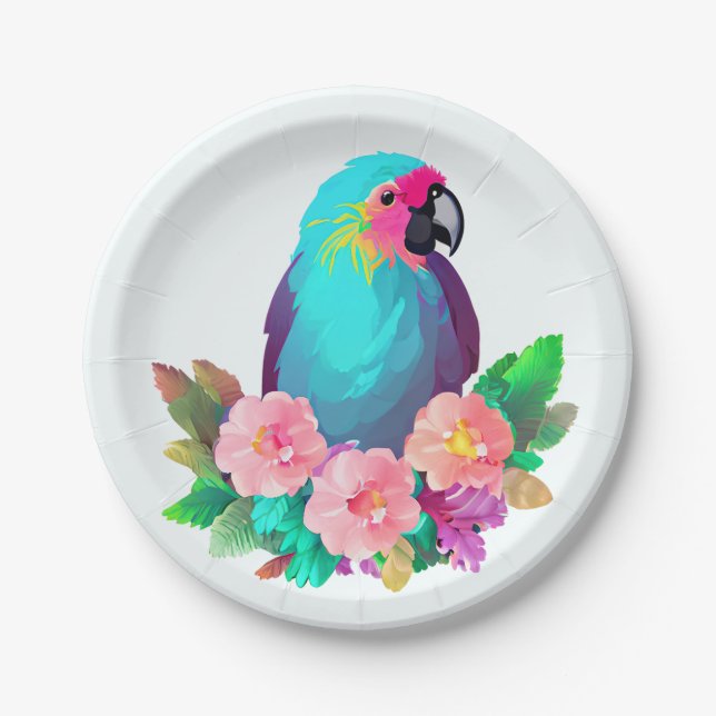Tropical Blue Parrot with Tropical Flowers Paper Plates (Front)