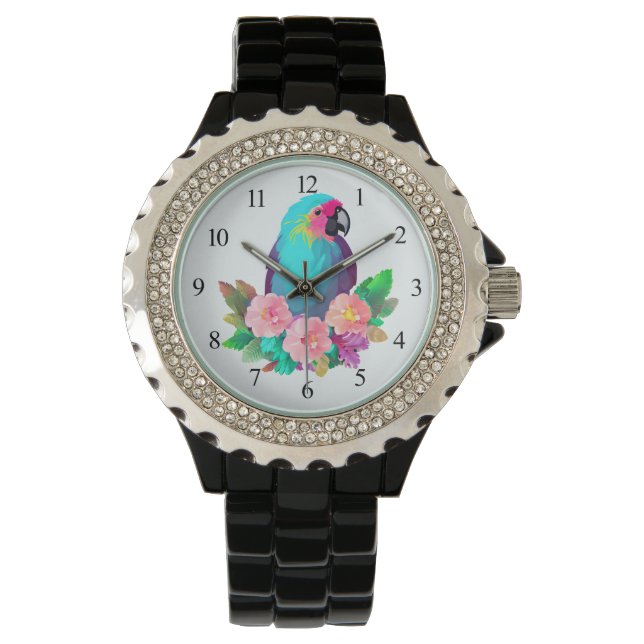 Tropical Blue Parrot with Tropical Flowers Watch (Front)