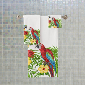 Tropical blue parrots summer family name white bath towel set