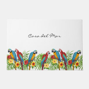 Tropical blue parrots summer house name doormat