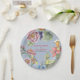 Tropical Blue Pink Chinoiserie Floral Paper Plate