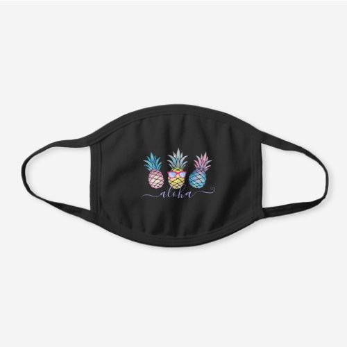 Tropical Blue Pink Gold Watercolor Pineapple Black Cotton Face Mask