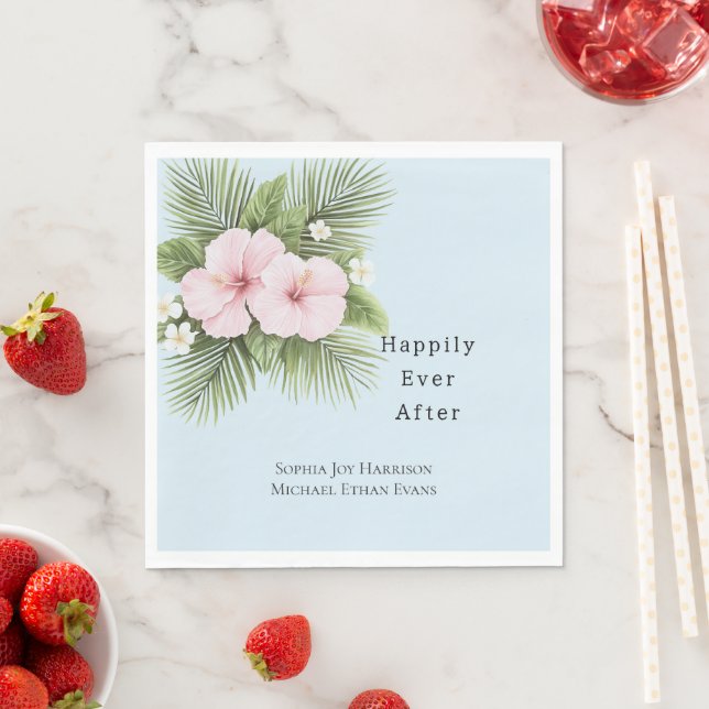 Tropical Blue Pink Hibiscus Floral Wedding Napkins (Insitu)