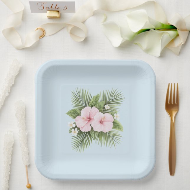 Tropical Blue Pink Hibiscus Floral Wedding Paper Plates (Wedding)