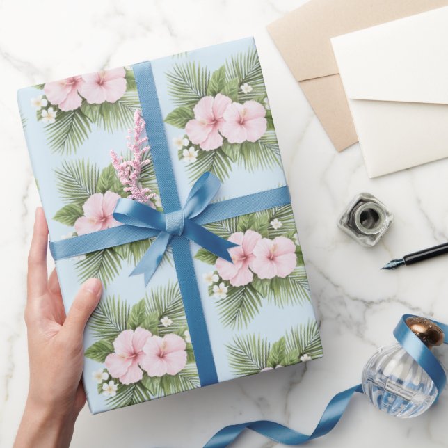 Tropical Blue Pink Hibiscus Floral Wedding Wrapping Paper (Gifting)