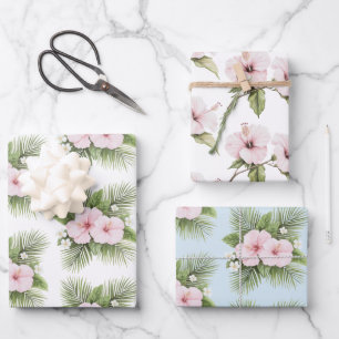Tropical Blue Pink Hibiscus Floral Wedding Wrapping Paper Sheets