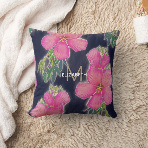 Tropical Blue Pink Hibiscus Flower Painting Throw Pillow