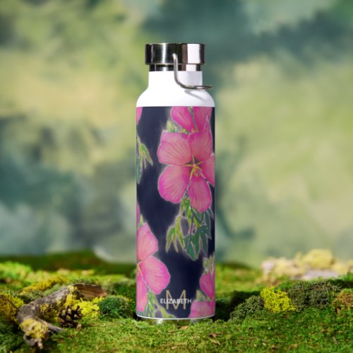 Tropical Blue Pink Hibiscus Flower Painting Water Bottle