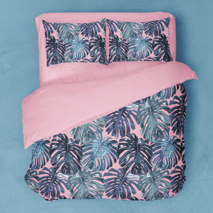 Tropical Blue Pink Jungle Leaves Feminine Duvet Cover
