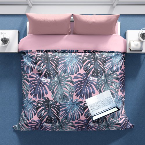 Tropical Blue Pink Jungle Leaves Feminine Duvet Cover