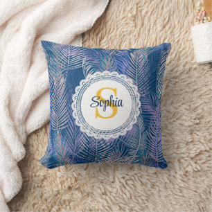Tropical Blue & Purple Palm Leaf Monogram Name Throw Pillow