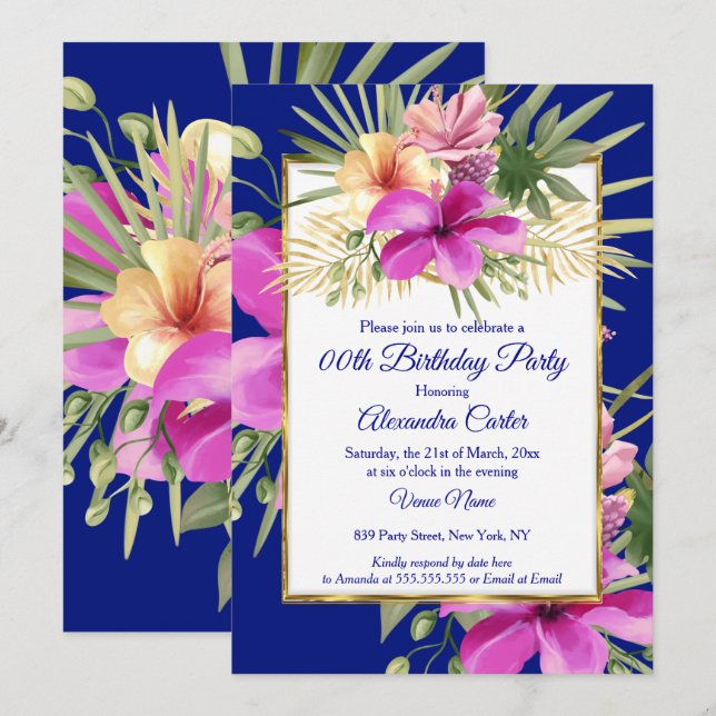 Tropical Blue Purple Pink Hibiscus Floral Party Invitation (Front/Back)