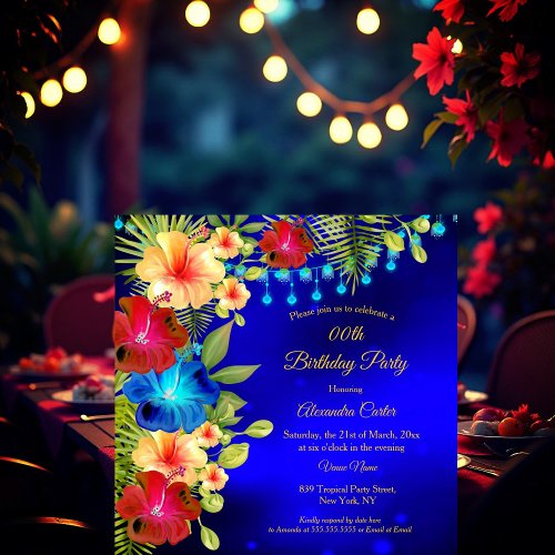 Tropical Blue Red Yellow Hibiscus floral Birthday Invitation