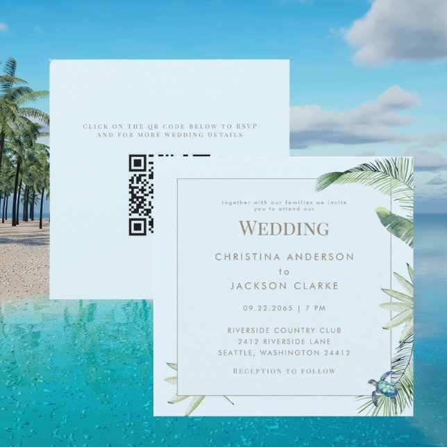 Tropical Blue Sea Turtle Square QR Code Wedding Invitation (Creator Uploaded)