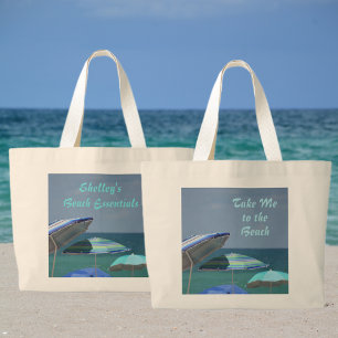 Tropical Blue Seascape Umbrellas Beach Essentials Large Tote Bag