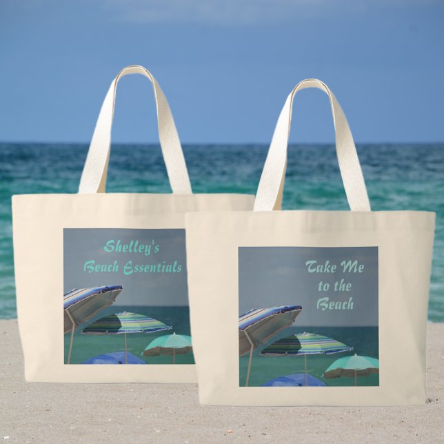 Tropical Blue Seascape Umbrellas Beach Essentials Large Tote Bag (Creator Uploaded)