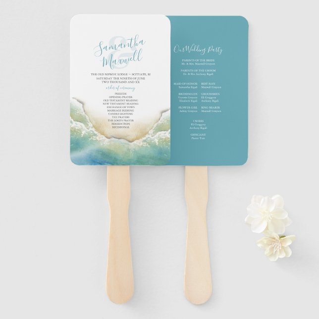 Tropical Blue Seaside Wedding Program Fan (Front and Back)