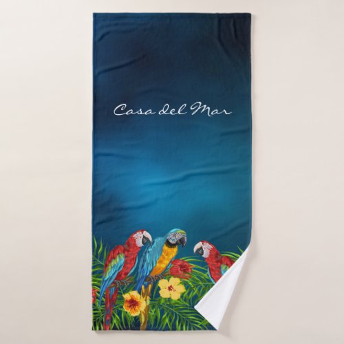 Tropical blue sky parrots leaves summer house name bath towel set