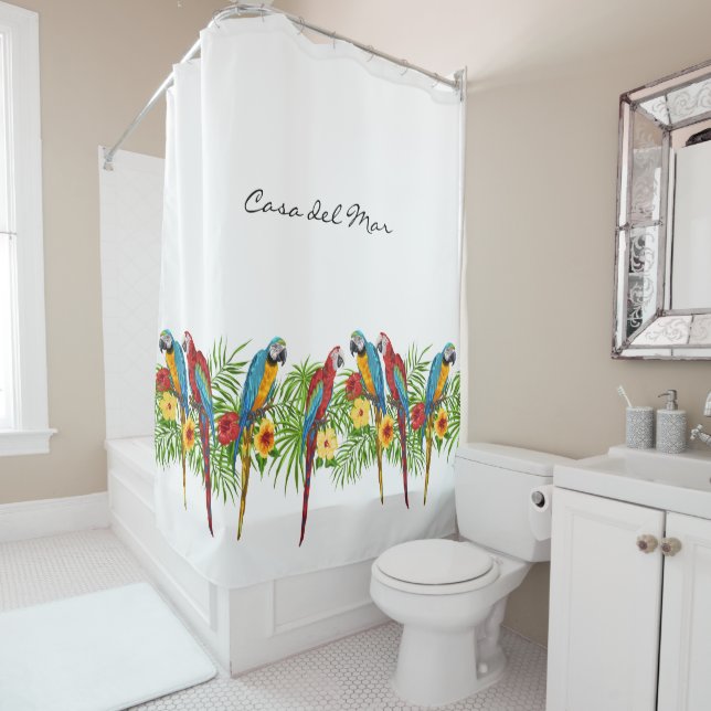 Tropical blue sky parrots leaves summer house name shower curtain (In Situ)