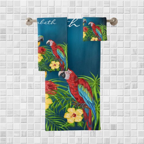 Tropical blue sky parrots leaves summer name bath towel set