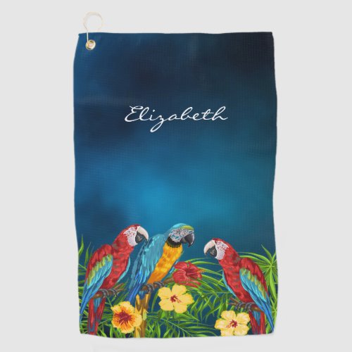 Tropical blue sky parrots leaves summer name golf towel