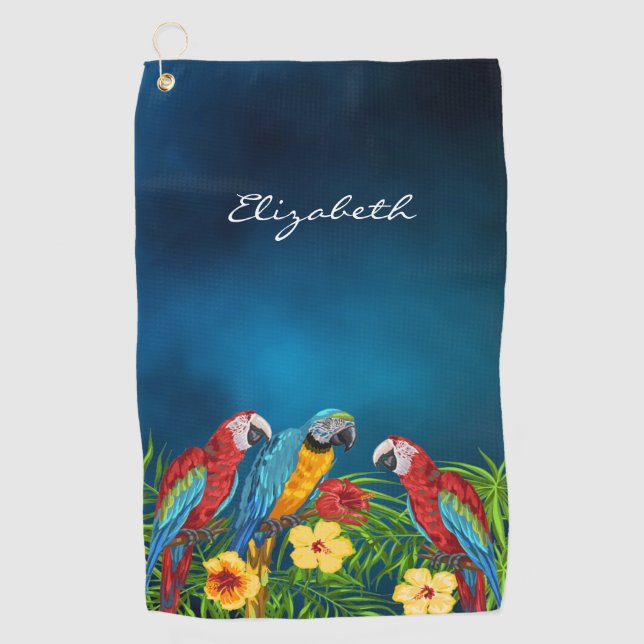 Tropical blue sky parrots leaves summer name golf towel (Front)