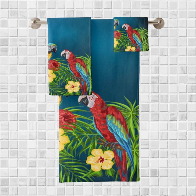 Tropical blue sky parrots summer family name bath towel set (Creator Uploaded)
