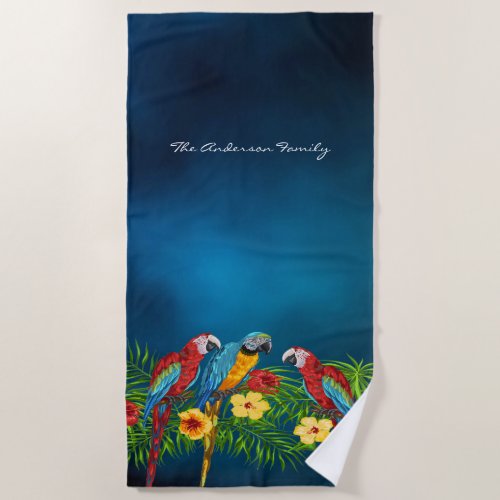 Tropical blue sky parrots summer family name beach towel