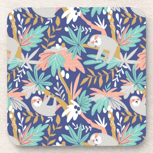 Tropical Blue Sloth Pattern Beverage Coaster (Front)