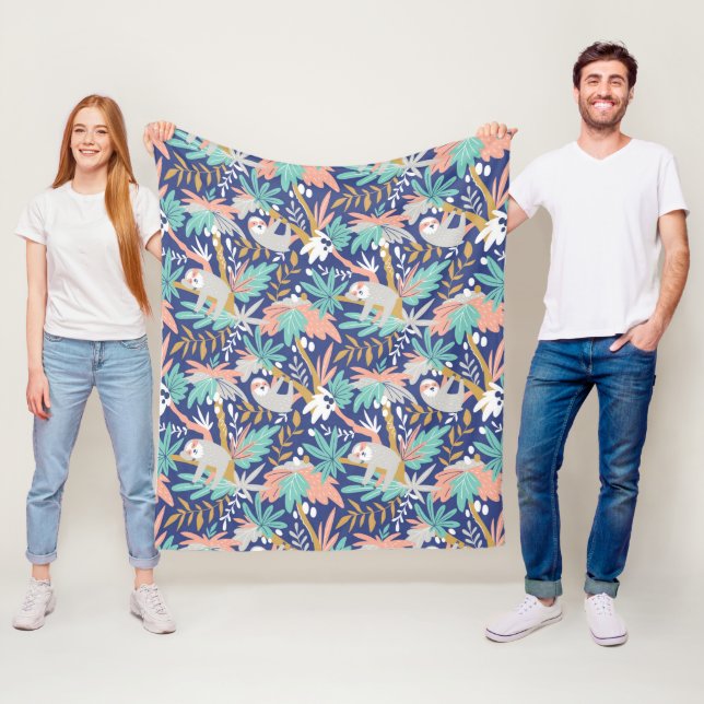 Tropical Blue Sloth Pattern Fleece Blanket (In Situ)