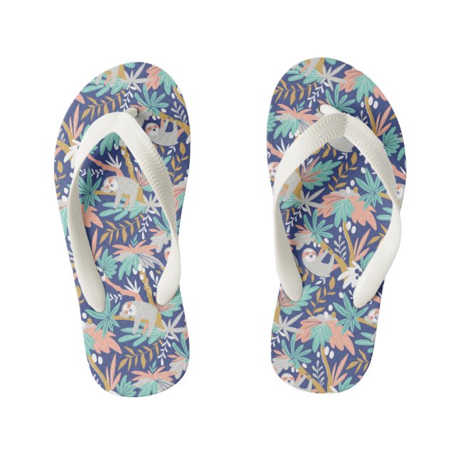 Tropical Blue Sloth Pattern Kid's Flip Flops (Footbed)
