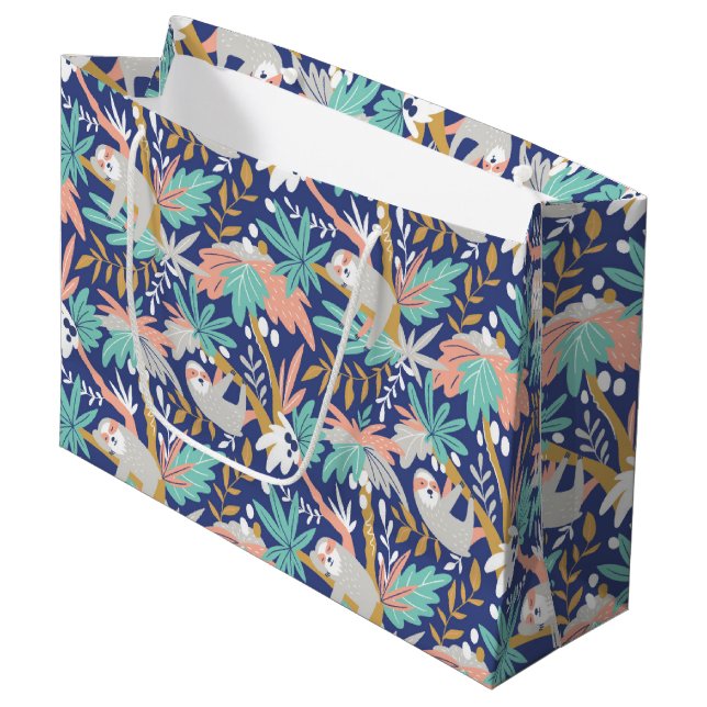 Tropical Blue Sloth Pattern Large Gift Bag (Front Angled)