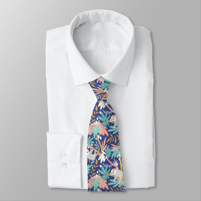 Tropical Blue Sloth Pattern Neck Tie (Tied)