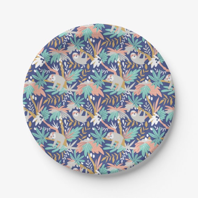 Tropical Blue Sloth Pattern Paper Plates (Front)